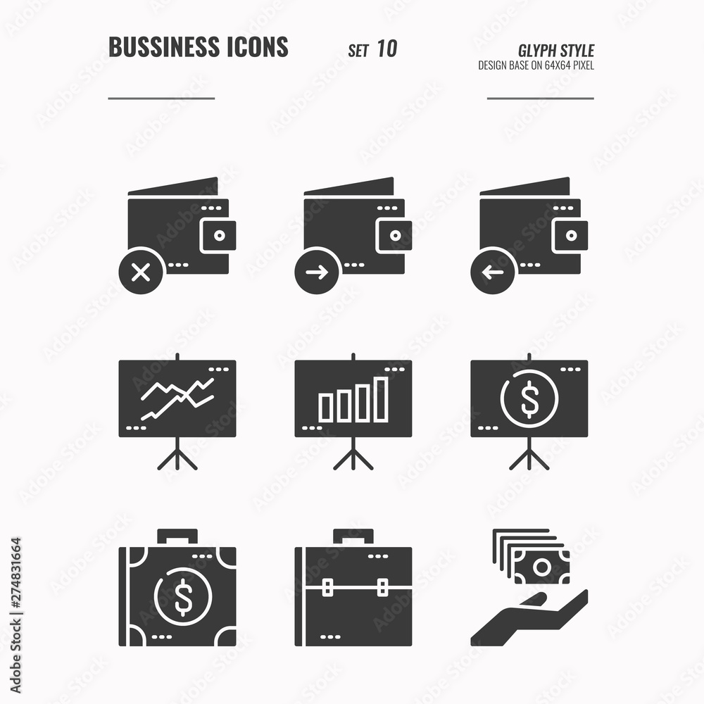 Business and financial icons set 10, wallet, money, presentation, meeting, currency and more concept, Glyph icons Design. vector Business and financial icons set 10, wallet, money, presentation, meeting, currency and more concept, Glyph icons Design. vector