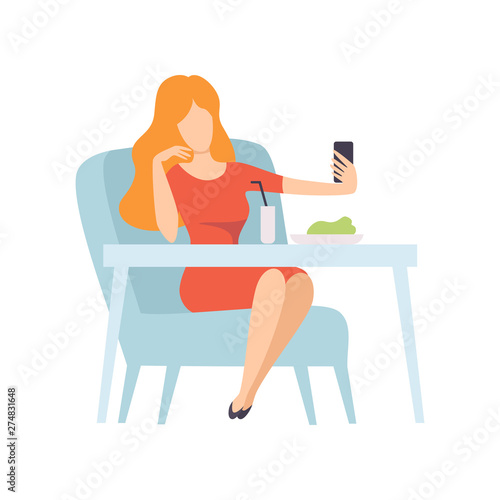 Girl Taking Selfie Photo on Smartphone While Sitting in Cafe or Restaurant, Young Woman Making Photo or Video for Social Media Using Modern Gadget Vector Illustration