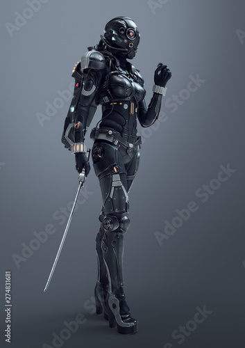 Fototapeta Science fiction cyborg female standing and holding futuristic japanese samurai sword in one hand