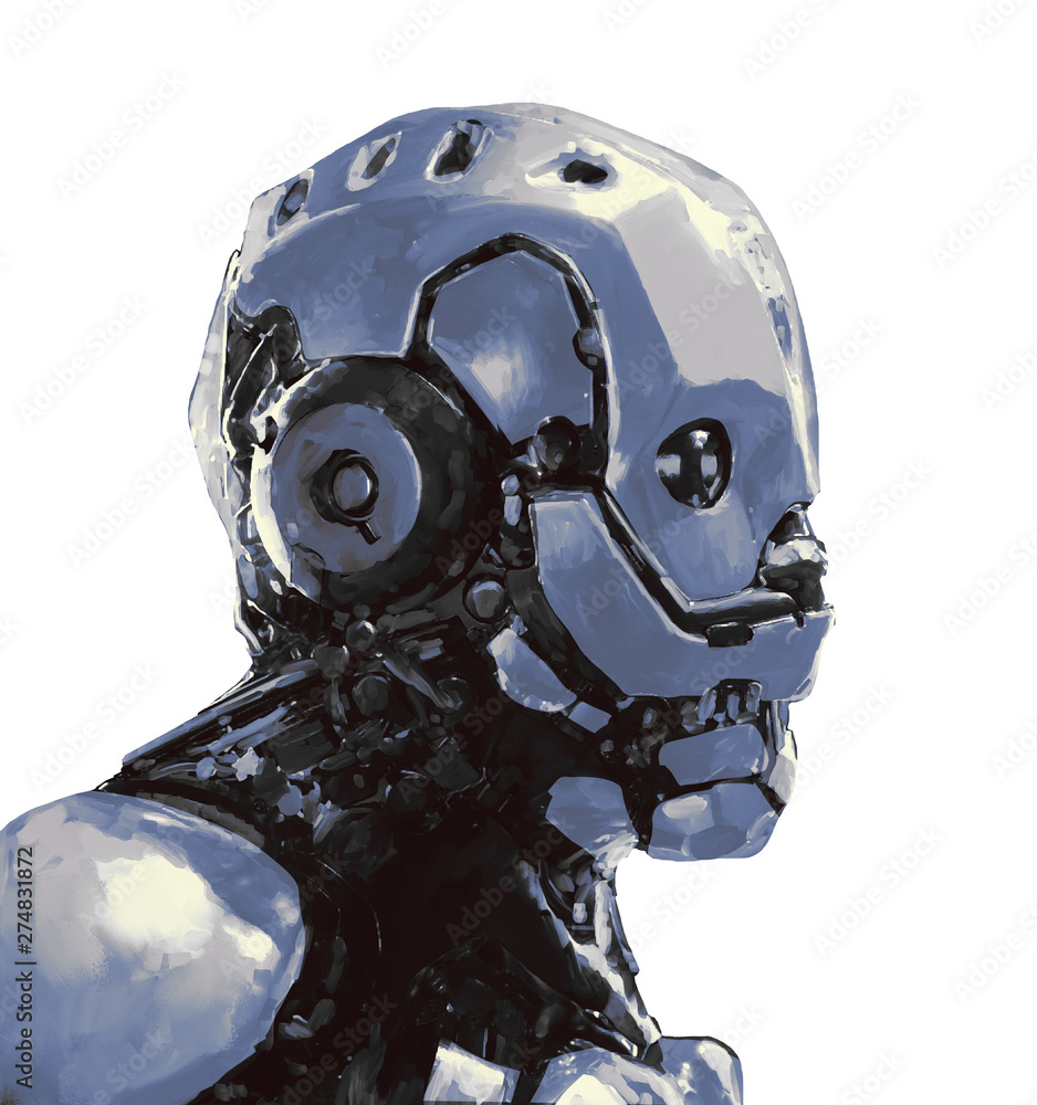 Illustrazione Stock Concept art of male futuristic cyborg with modern  helmet and metal armor. Science fiction character. Cyberpunk robot man.  Cyber technology. Digital art style. Monochrome illustration. Digital  painting | Adobe Stock
