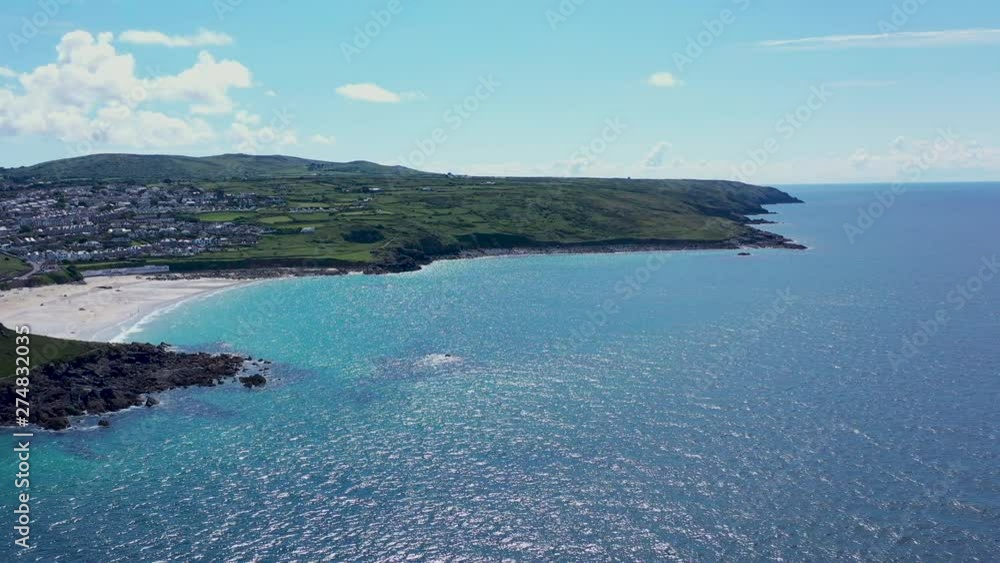 Aerial drone view along Porthmeor beach in st ives Cornwall Aerial drone view along Porthmeor beach in st ives Cornwall