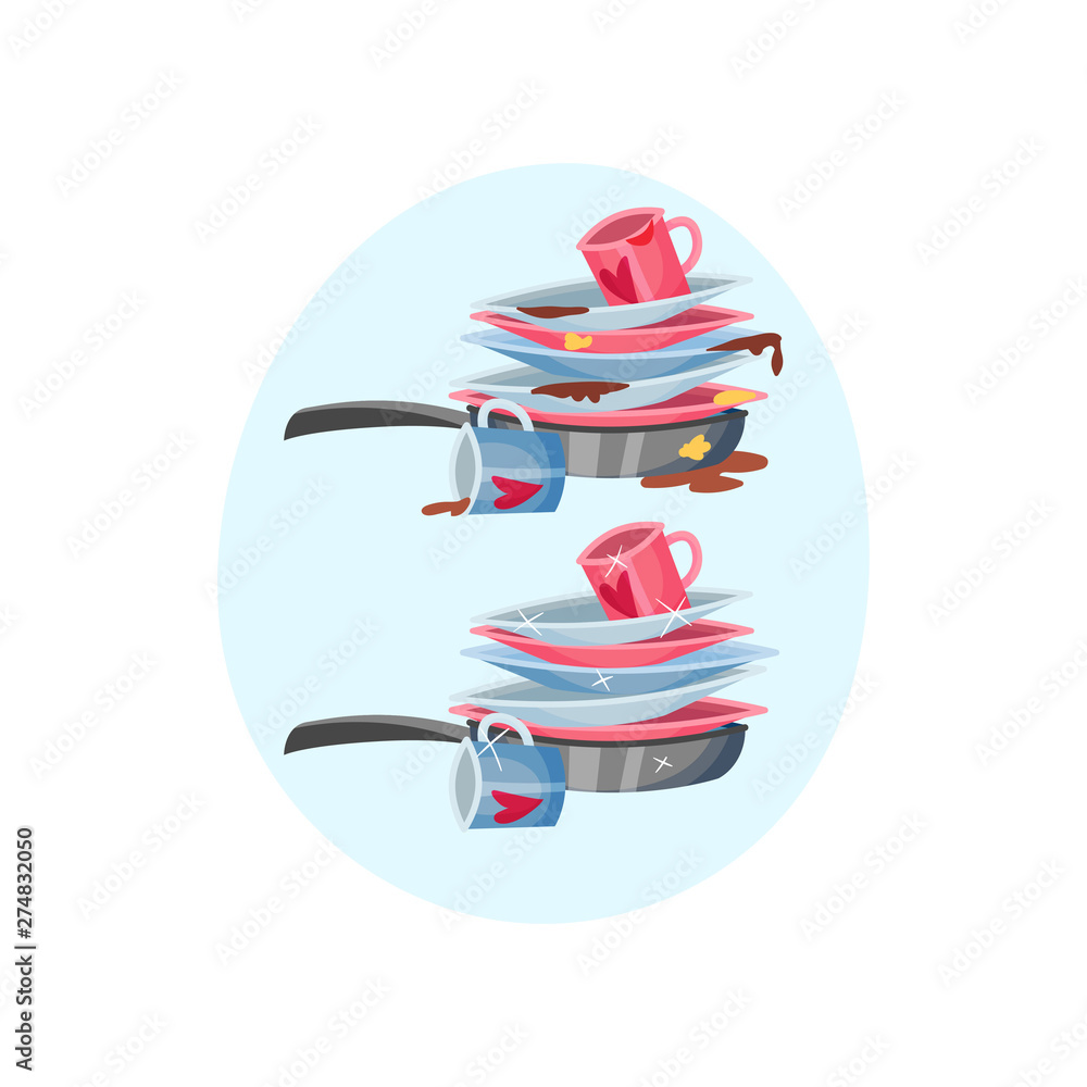 Stack of plates in the pan. Vector illustration on blue oval shape background. Stack of plates in the pan. Vector illustration on blue oval shape background.