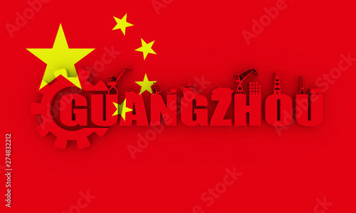 Gear with sea shipping and travel relative silhouettes.. Calligraphy inscription. Guangzhou city name text. 3D rendering. Flag of the China