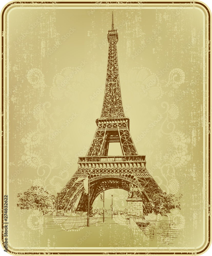  Eiffel Tower, Paris, France. Hand drawing, vector illustration