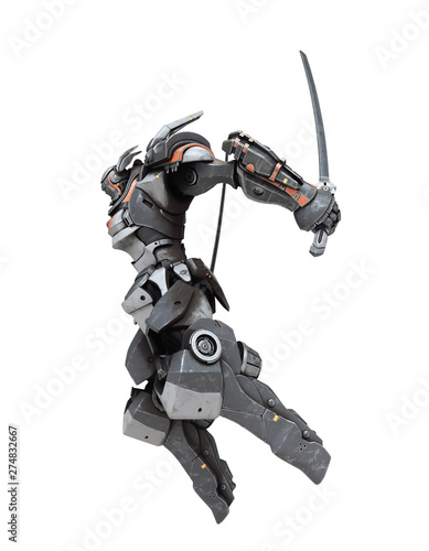 Sci-fi mech warrior holding two swords in fighting position. Mech in a flying, jumping pose. Futuristic robot with white and gray color scratched metal. Mech Battle. 3D rendering on a white background