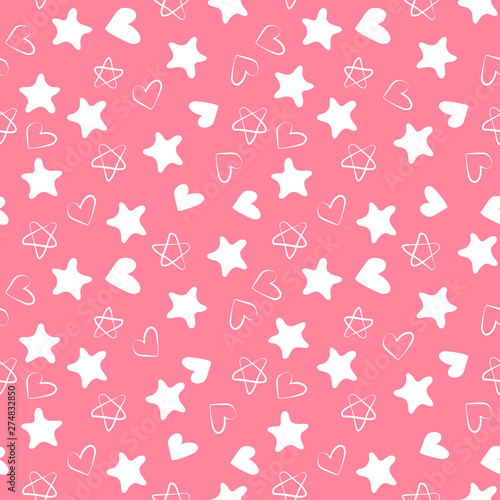 Hearts and stars seamless pattern. Kid's fashion design print. Design elements for wedding, birthday or Valentine's day. Hand drawn doodle repeating shapes. Cute pink and white wallpaper