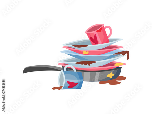 Dirty plates and mugs are in the pan. Vector illustration on white background.