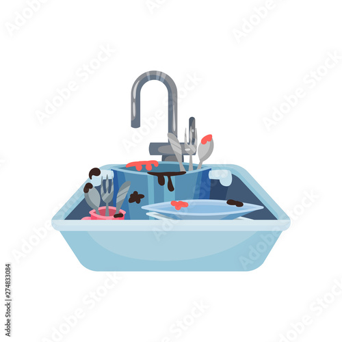 Dirty pots, mugs and cutlery in the sink. Vector illustration on white background.