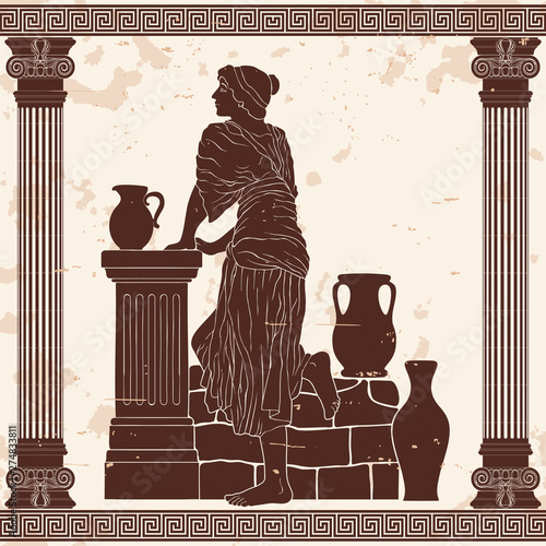 A young woman stands near a stone parapet with jugs. Vector image in ancient greek style.