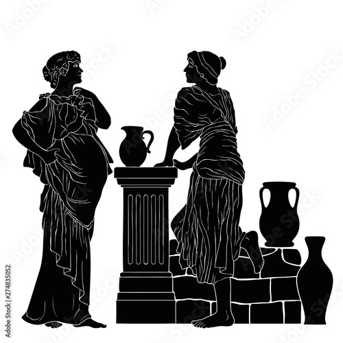 Two women are standing near the parapet with jugs and talking.Vector image isolated on white background.
