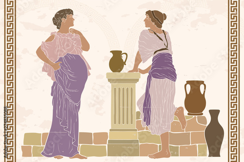Two women are standing near the parapet with jugs and talking.
