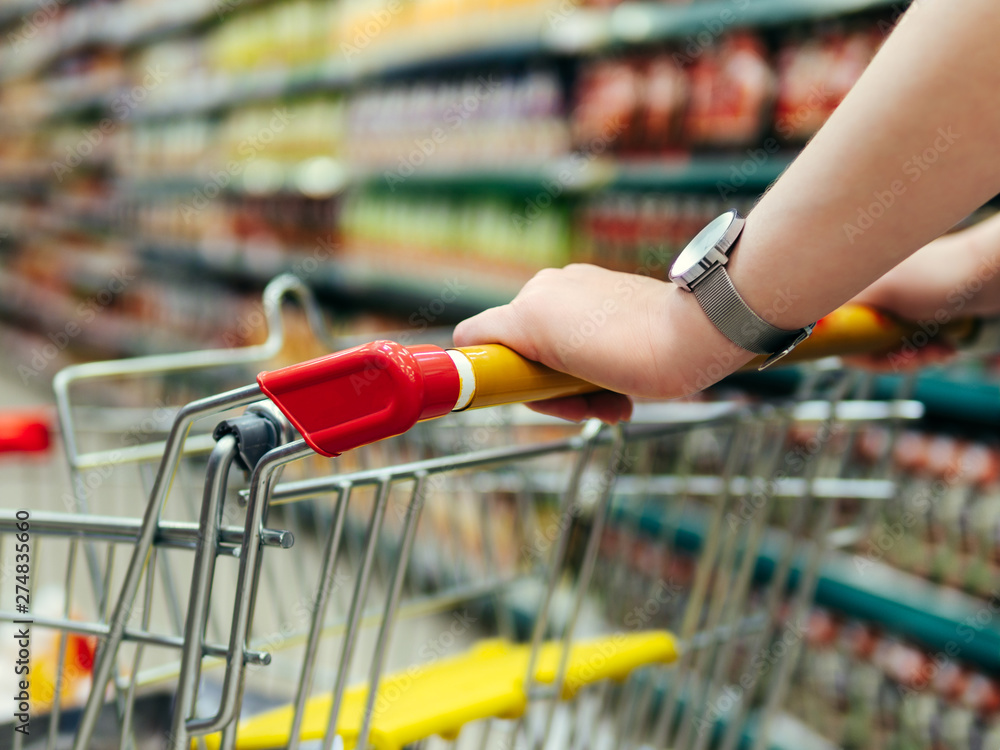 Shopping cart in supermarket. Woman hands hold shopping trolley in supermarket aisle.
