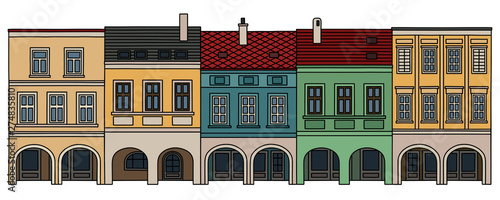 The hand drawing of five historical burger houses