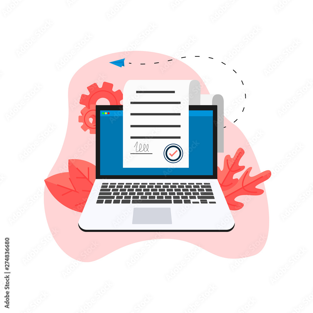 © Дмитрий Горелкин - Online electronic smart contract document on laptop, paper document, signature on computer screen. vector illustration. Business concept