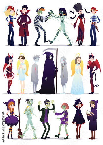 Halloween costumes. Vector illustration of young people dressed up for Halloween masquerade party isolated on white background. Couples of Halloween characters in cartoon style