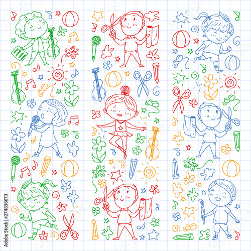 creative kids dancing, sing, playing football, playing guitar, violin, making models from paper. colorful pen drawing on squared notebook.