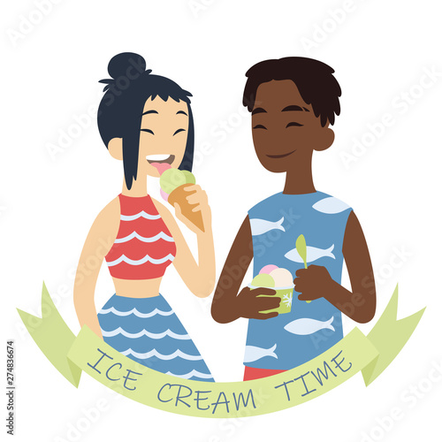 Couple with ice cream. Vector illustration of multicultural pair on white background. African boy with hand-packed portion of ice cream and asian girl licking ice cream in cone. Flat cartoon style.