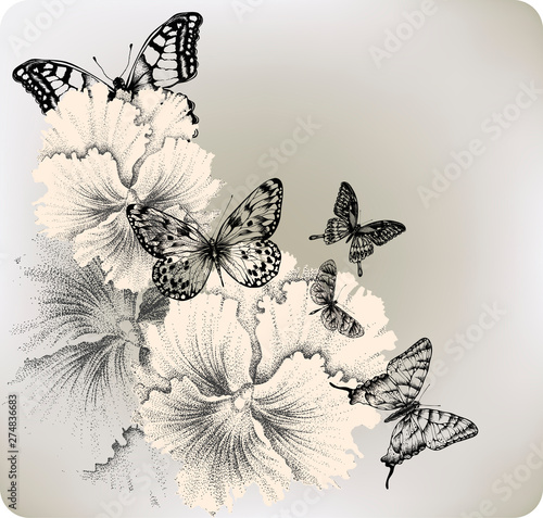 Wallpaper Mural Background with flowers pansies and butterflies.Hand drawing. Vector illustration. Torontodigital.ca
