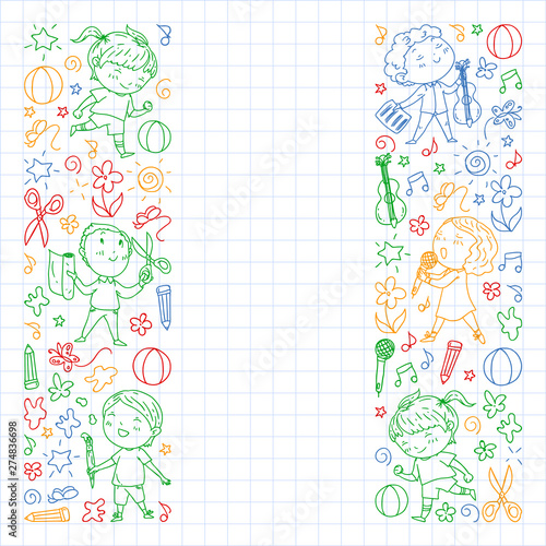 creative kids dancing, sing, playing football, playing guitar, violin, making models from paper. colorful pen drawing on squared notebook.