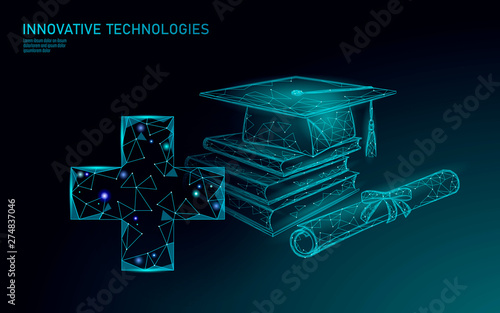E-learning distance medicine graduate certificate program concept. Low poly 3D render graduation cap diploma medical cross banner template. Internet education course degree vector illustration