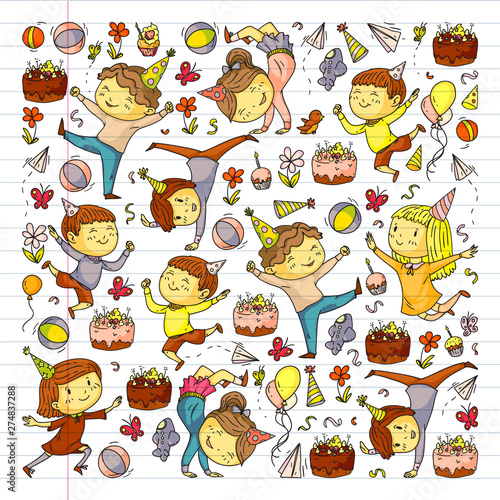 Vector illustration in cartoon style, active company of playful preschool kids jumping, at a party, birthday on exercise book.