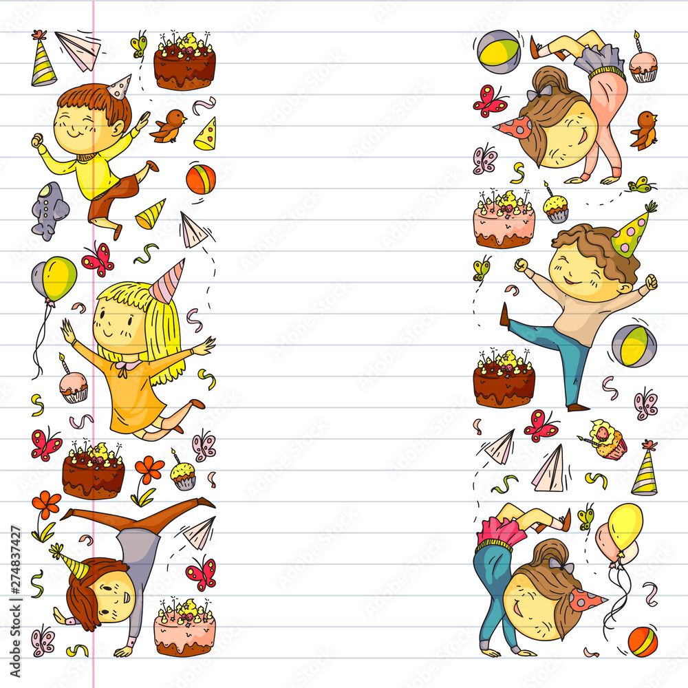 Vector illustration in cartoon style, active company of playful preschool kids jumping, at a party, birthday on exercise book. Vector illustration in cartoon style, active company of playful preschool kids jumping, at a party, birthday on exercise book.