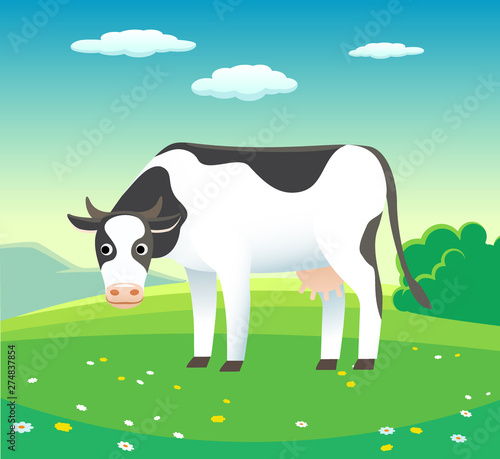 Nature summer landscape with cow in meadow, vector - background illustration for dairy products