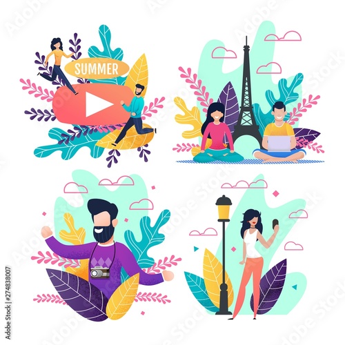 Summer Vacation and Tourism Cartoon Cards Set