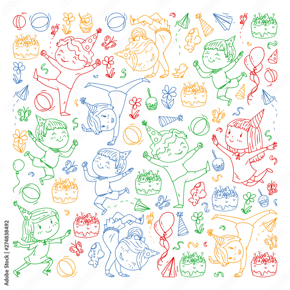 Vector illustration in cartoon style, active company of playful preschool kids jumping, at a party, birthday, colorful pen. Vector illustration in cartoon style, active company of playful preschool kids jumping, at a party, birthday, colorful pen.