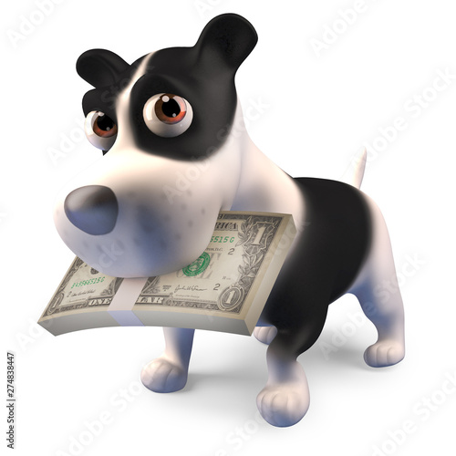 Funny cartoon puppy dog has a wad of dollar bills in his mouth, 3d illustration