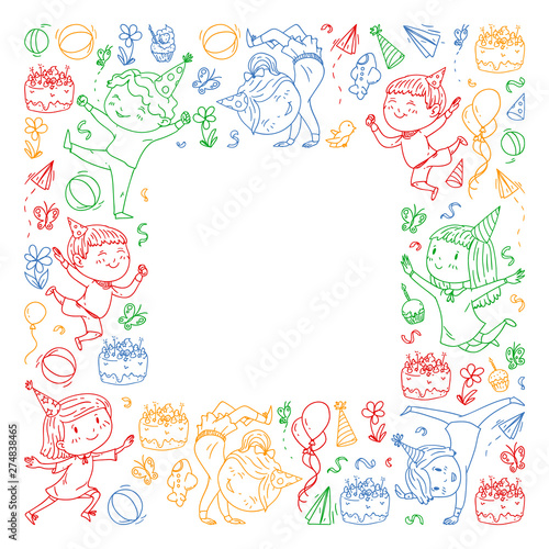 Vector illustration in cartoon style, active company of playful preschool kids jumping, at a party, birthday, colorful pen.