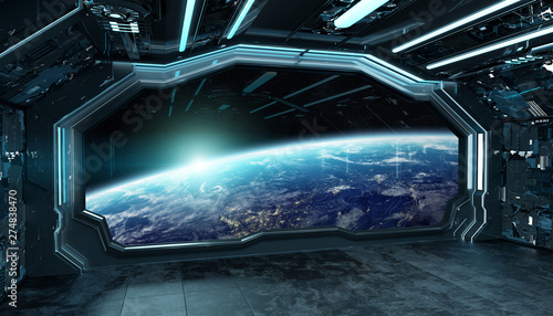 Fototapeta Naklejka Na Ścianę i Meble -  Dark blue spaceship futuristic interior with window view on planet Earth 3d rendering