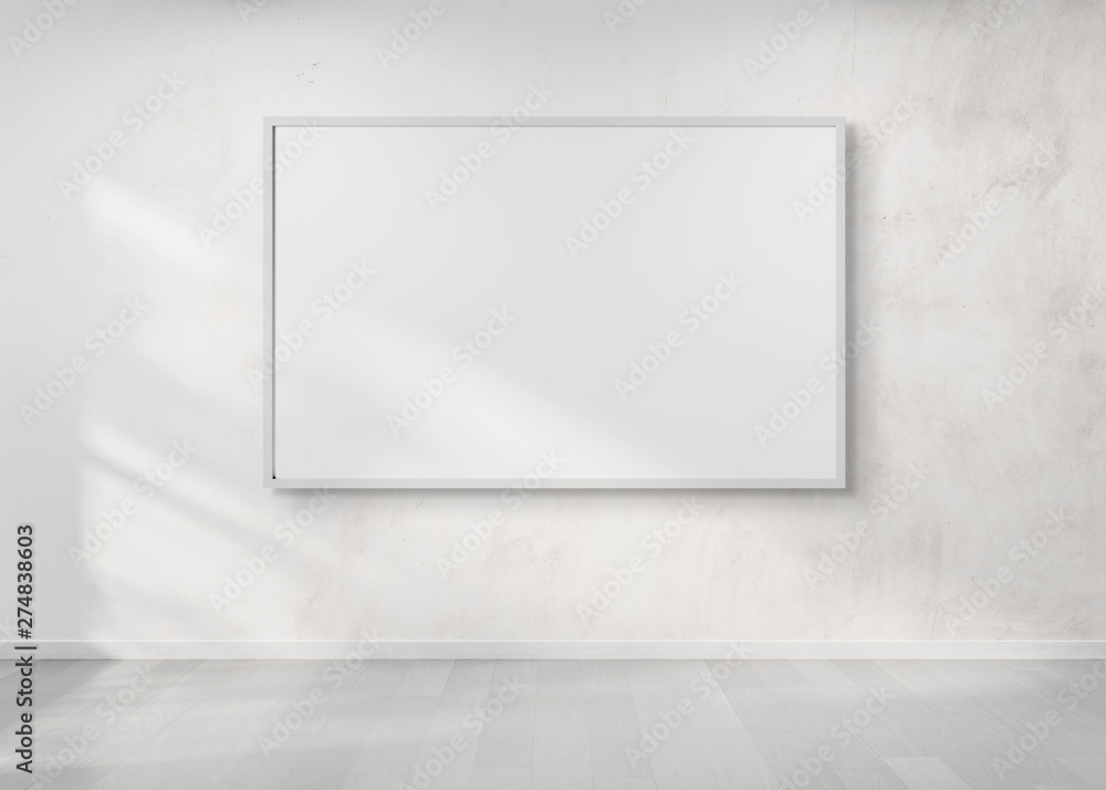 White frame hanging on a wall mockup 3d rendering - obrazy, fototapety, plakaty 