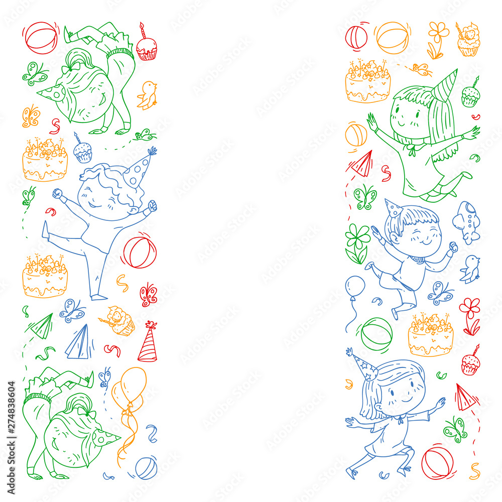 Vector illustration in cartoon style, active company of playful preschool kids jumping, at a party, birthday, colorful pen. Vector illustration in cartoon style, active company of playful preschool kids jumping, at a party, birthday, colorful pen.