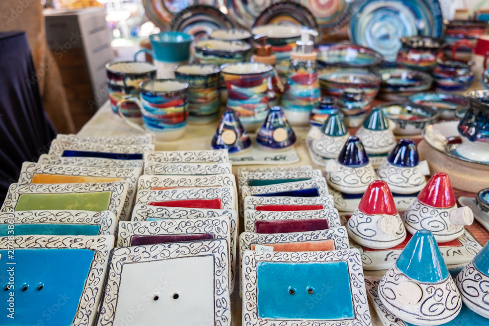 Incense aroma stick ceramic holders sold at handicraft market. Tel-Aviv. Israel