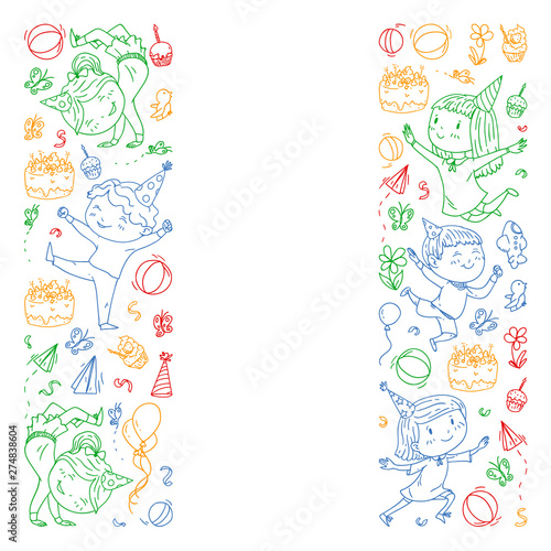 Vector illustration in cartoon style, active company of playful preschool kids jumping, at a party, birthday, colorful pen.