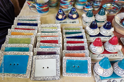 Incense aroma stick ceramic holders sold at handicraft market. Tel-Aviv. Israel photo