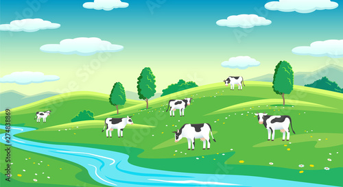 Colorful farm summer landscape  blue clear sky with sun  cows on field