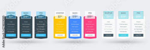 Pricing table design template for websites and applications. Set of three different color variations. Vector pricing plans. Flat style vector illustration