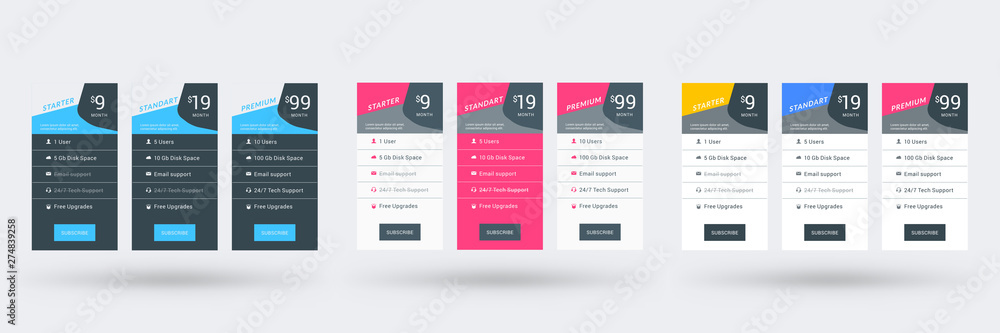 Pricing table design template for websites and applications. Set of three different color variations. Vector pricing plans. Flat style vector illustration Pricing table design template for websites and applications. Set of three different color variations. Vector pricing plans. Flat style vector illustration
