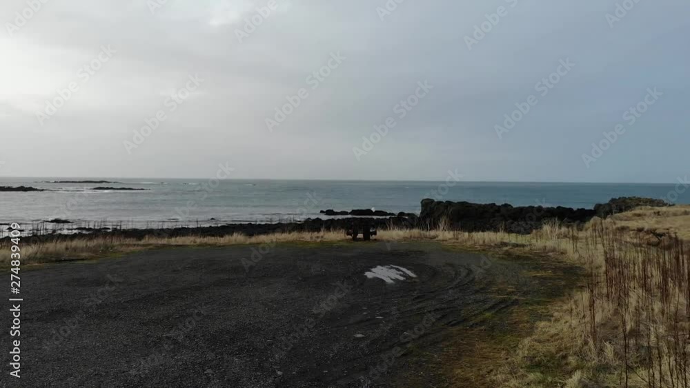 Drone pan flyover towards the shoreline at Akranes, Iceland Drone pan flyover towards the shoreline at Akranes, Iceland