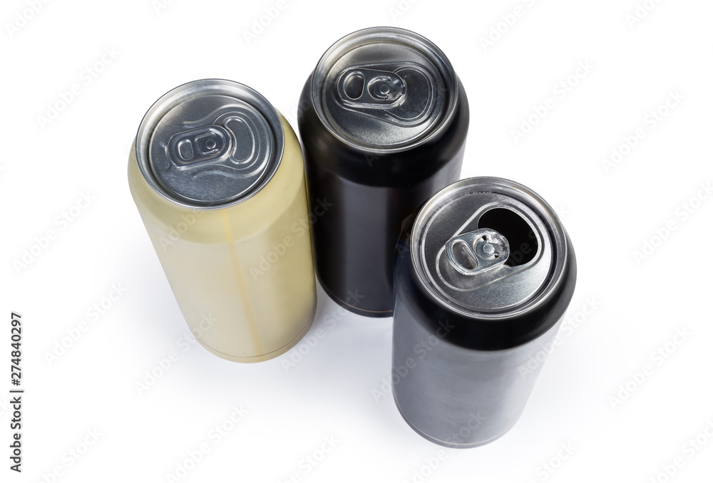 Different sealed and open beverage cans on a white background Different sealed and open beverage cans on a white background