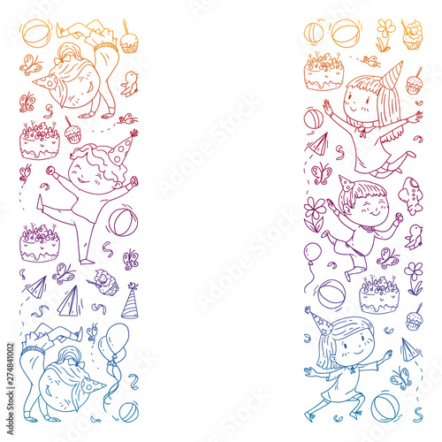 Vector illustration in cartoon style, active company of playful preschool kids jumping, at a party, birthday on gradient style.