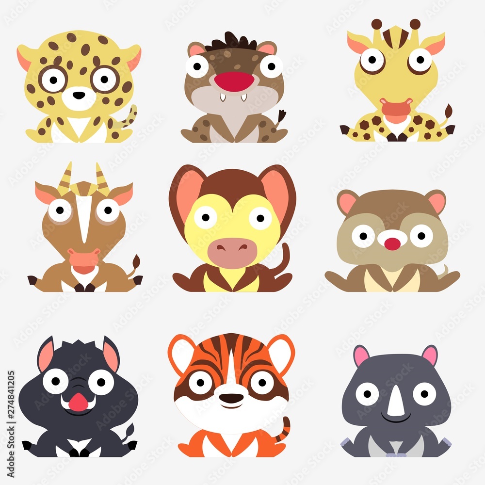 Set of cute logos with animals. Leopard, hyena, giraffe, antelope, monkey, mongoose, boar, tiger and Rhino isolated on white background. Set of cute logos with animals. Leopard, hyena, giraffe, antelope, monkey, mongoose, boar, tiger and Rhino isolated on white background.