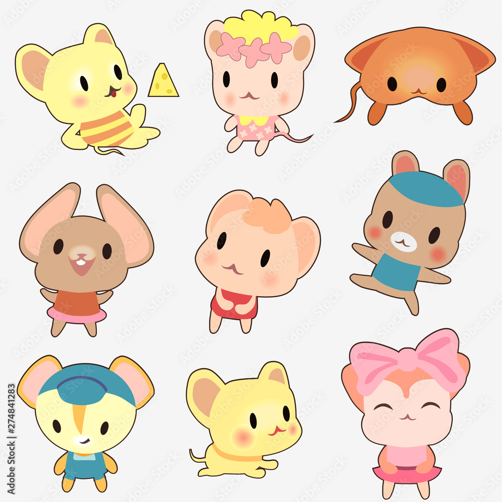 Set of cute colored little mice. Kawaii mouse anime style isolated on white background. Set of cute colored little mice. Kawaii mouse anime style isolated on white background.