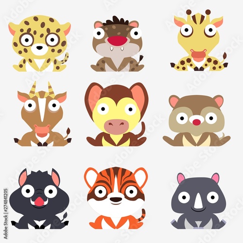 Set of cute logos with animals. Leopard, hyena, giraffe, antelope, monkey, mongoose, boar, tiger and Rhino isolated on white background.