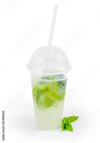 Mojito in plastic cup, mint on a white background