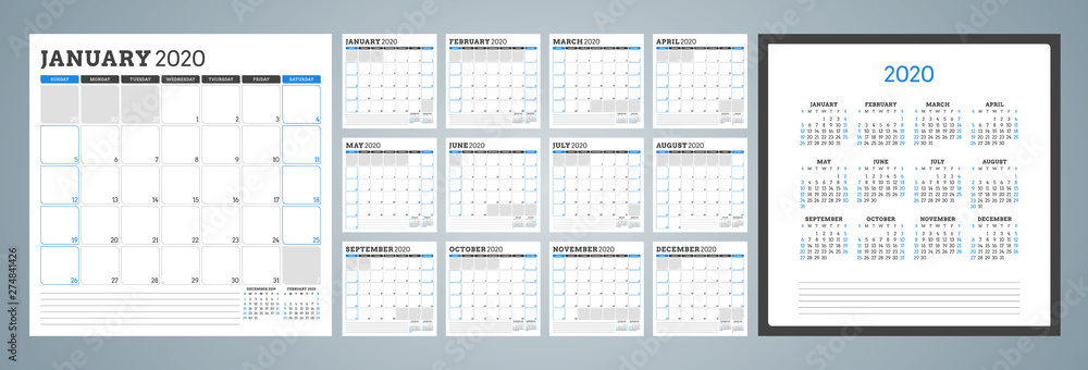 Calendar planner for 2020 year. Week starts on Monday. Set of 12 months. Printable vector stationery design template Calendar planner for 2020 year. Week starts on Monday. Set of 12 months. Printable vector stationery design template