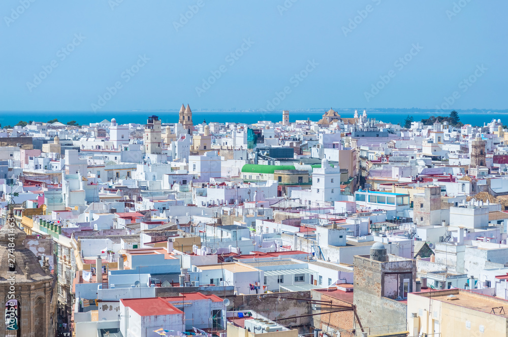 CADIZ, SPAIN, 18 JULY 2016: Cityscape with white houses of Cadiz city center