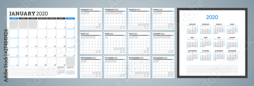 Calendar planner for 2020 year. Week starts on Monday. Set of 12 months. Printable vector stationery design template